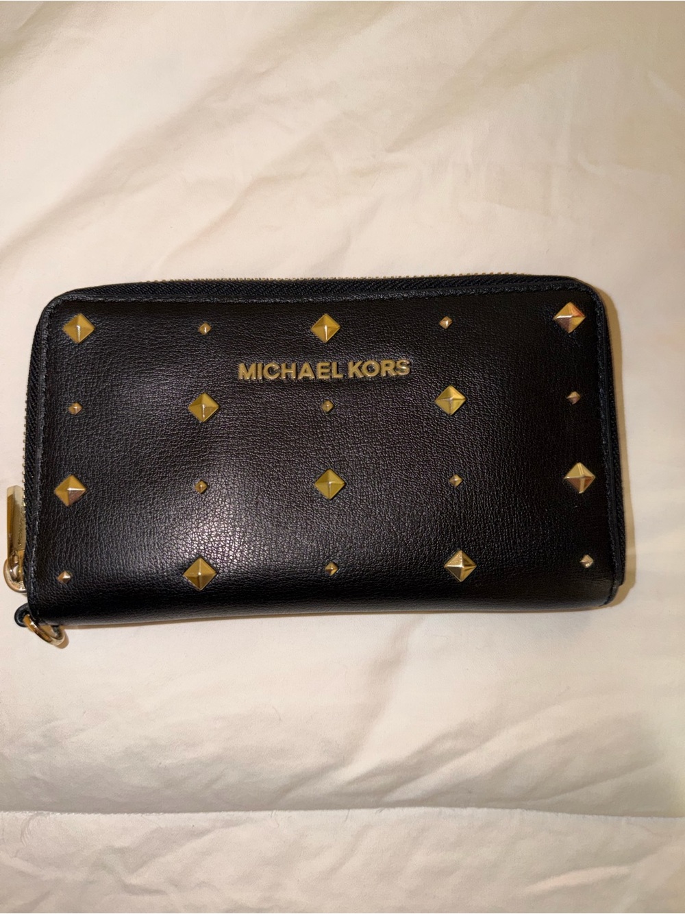 Michael Kors Black Leather Zip-Around Wallet with Gold Stud Accents